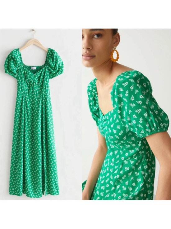 & Other Stories Dresses & Skirts - & Other Stories Green Floral Flowy Puff Sleeve Dress (size 6)